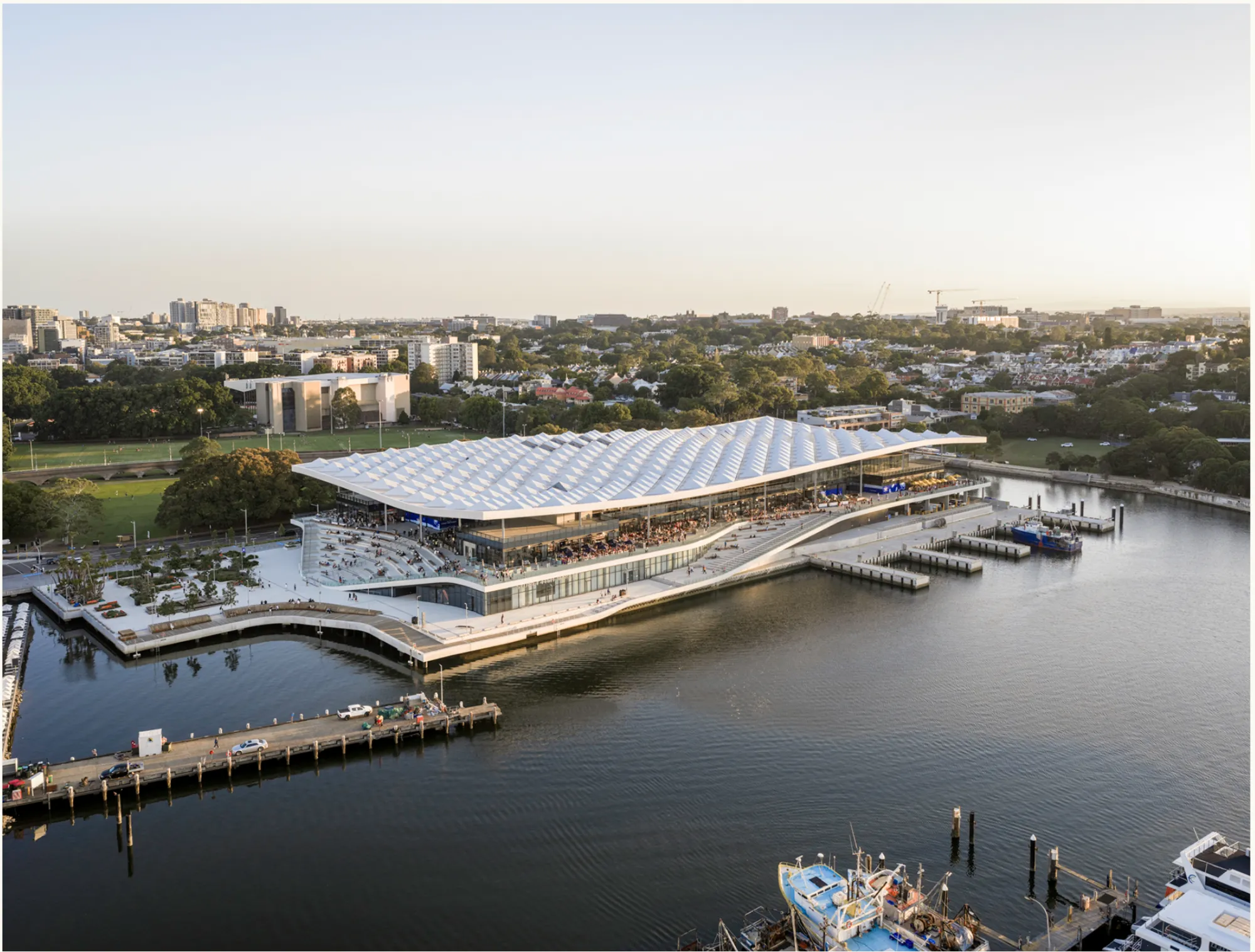 New Sydney Fish Market on Blackwattle Bay with waterfront promenade and sculptural roof